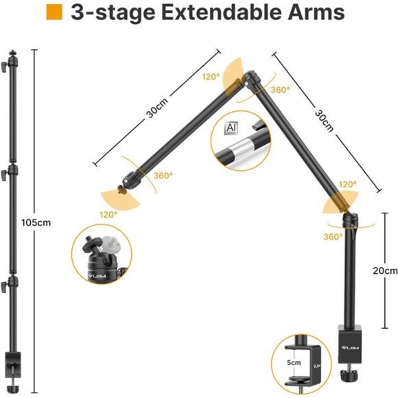 Flexible Overhead Camera Mount Desk Stand, Webcam Stand Microphone Boom Arm - Picture 2 of 6